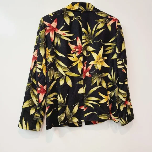 Le Suit Suit Coat Blazer Jacket Black Red Yellow Floral Linen Blend Womens 10 - Picture 4 of 7